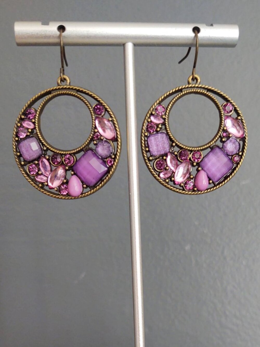 Pink and purple beaded open disk earrings
